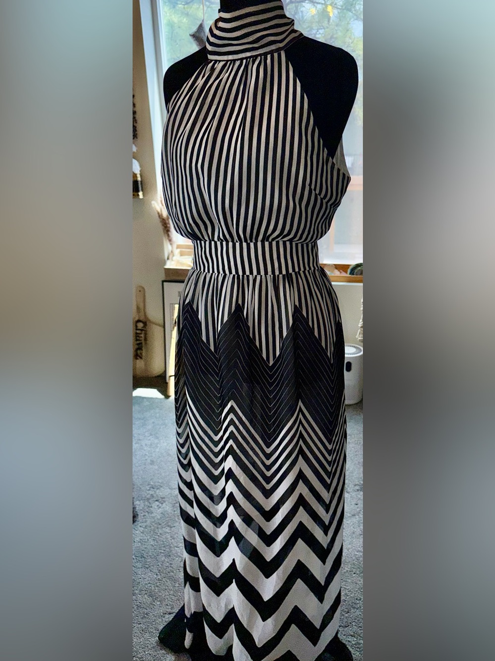 AKIRA Black/White Striped Semi Sheer Maxi Dress. SIZE SMALL